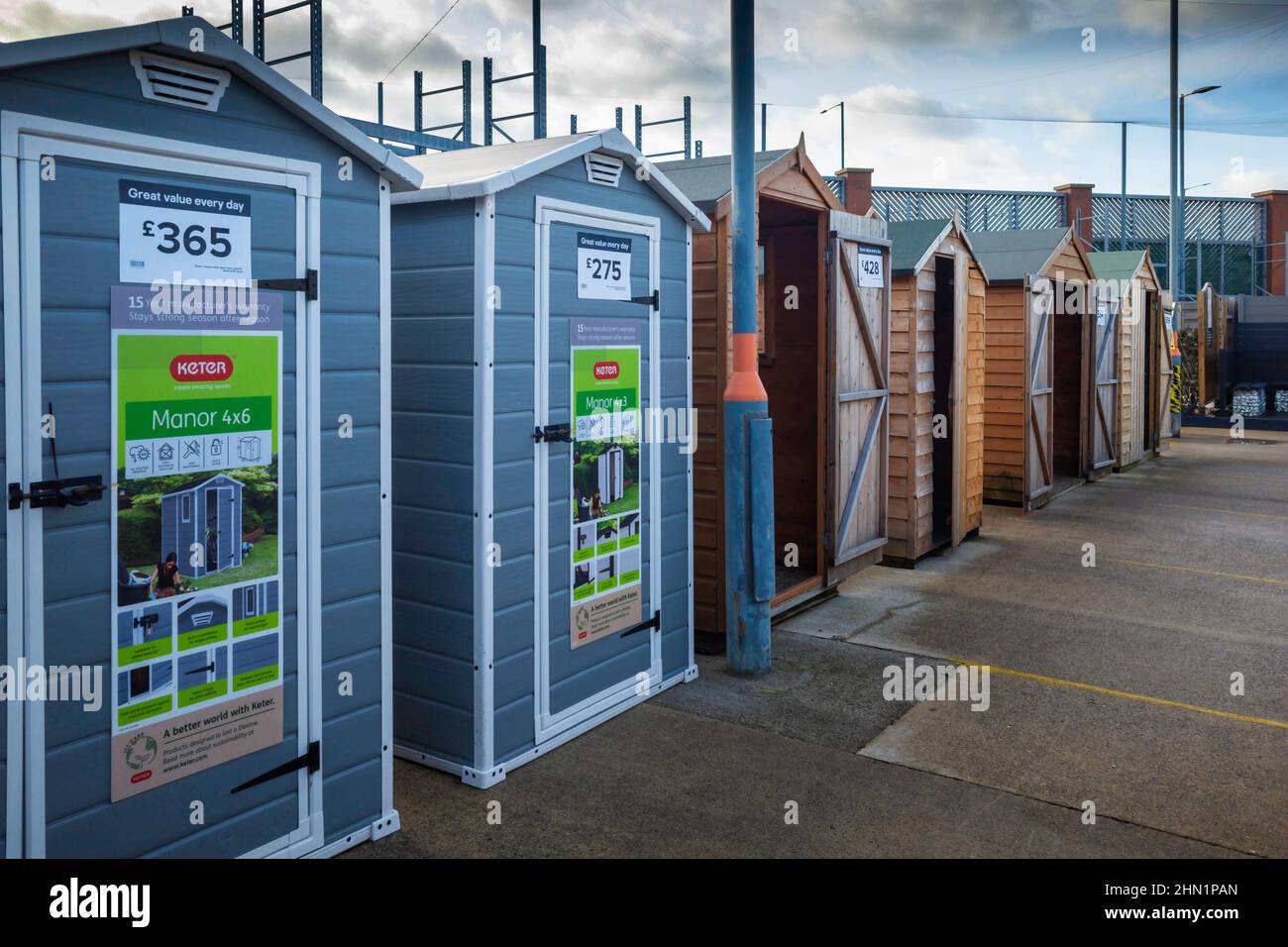 Traditional small garden sheds for sale in a garden centre in North