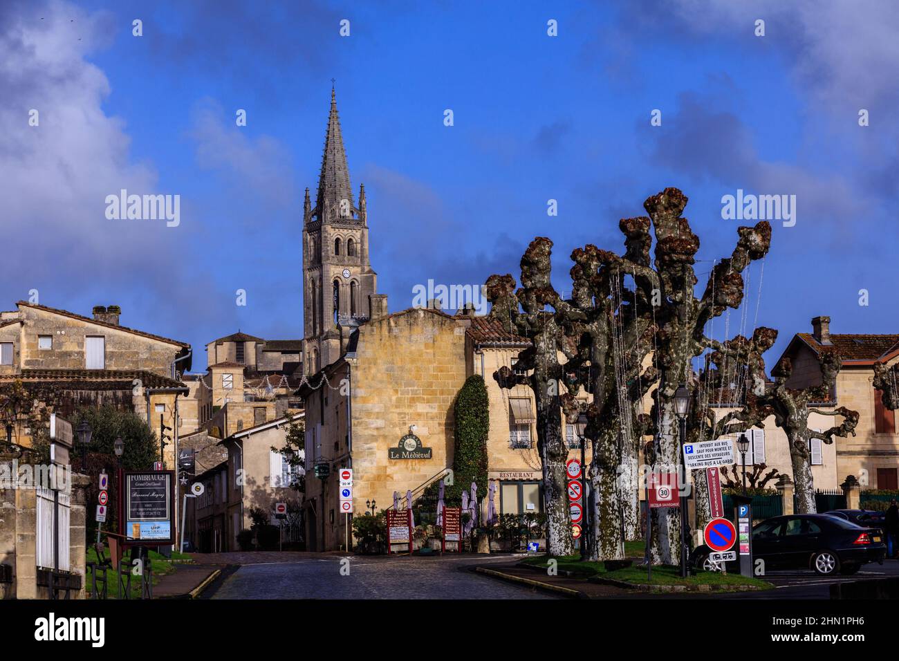 Saint Emilion is a medieval city in southwestern France, surrounded by vineyards. The monolithic church was declared by UNESCO a world Heritage site. Stock Photo
