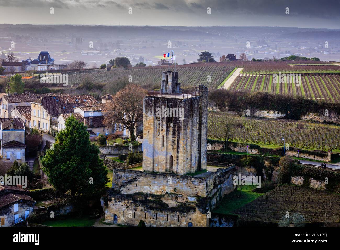 Castle of Saint Emilion, a medieval village in the Bordeaux area, surrounded by vineyards. Stock Photo