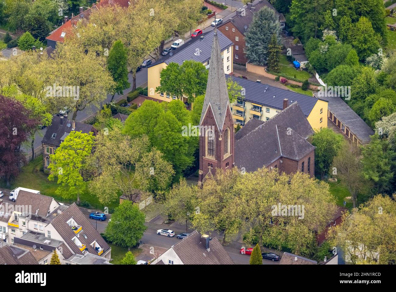 Aerial photograph, Lutheran Church, Röhlinghausen, Herne, Ruhr Area, North Rhine-Westphalia, Germany, place of worship, DE, Europe, religious communit Stock Photo