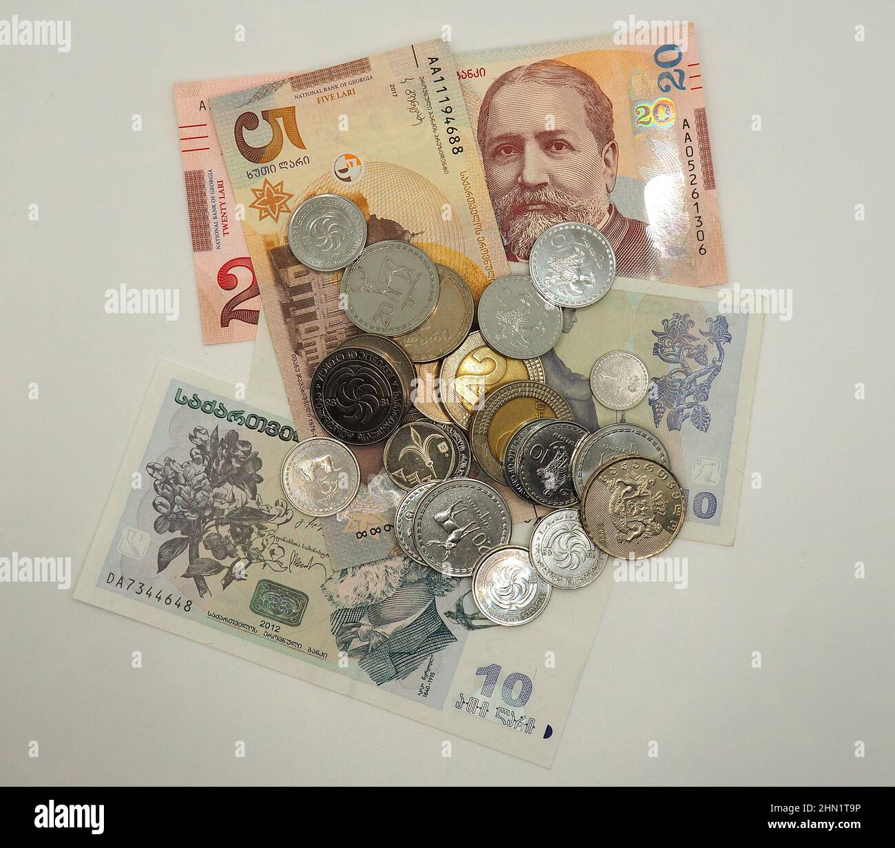 lari coins and banknotes, Georgian lari (GEL), Georgia, Europe Stock Photo