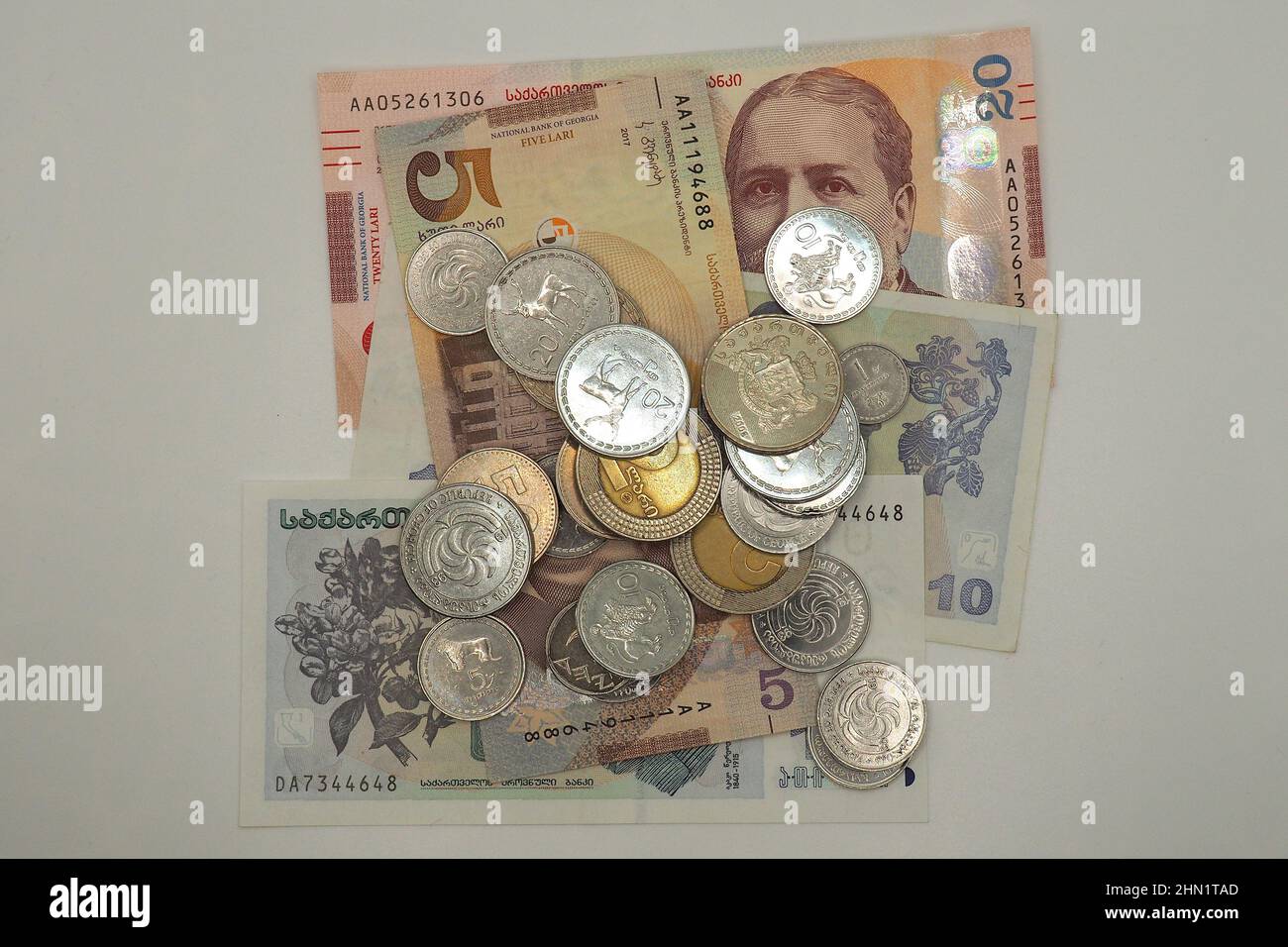 lari coins and banknotes, Georgian lari (GEL), Georgia, Europe Stock Photo