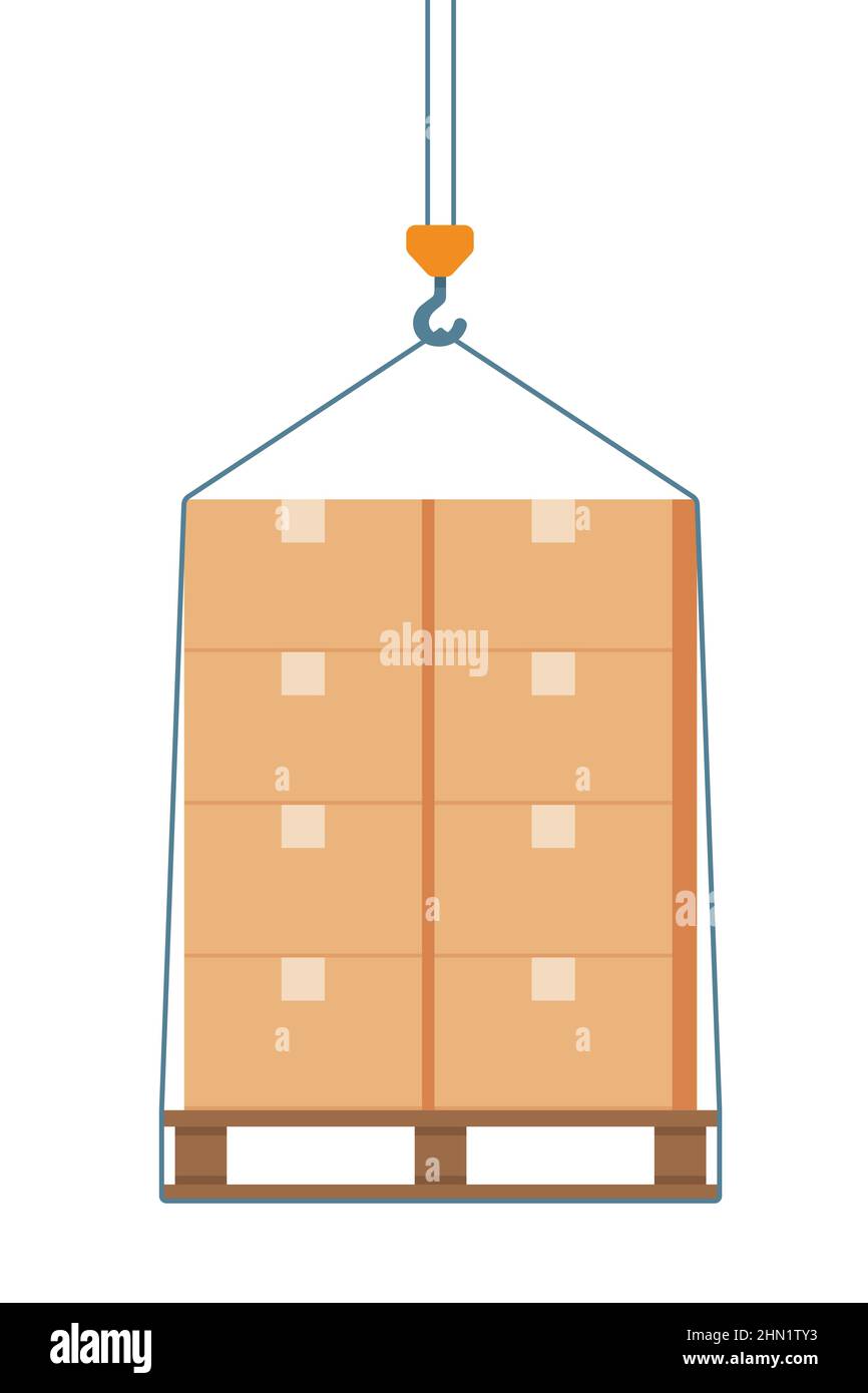 Boxes on a pallet are lifted with a crane hook. Beige cardboard closed box stack on wooden pallets, packaging cargo storage, industry shipment, shippi Stock Vector