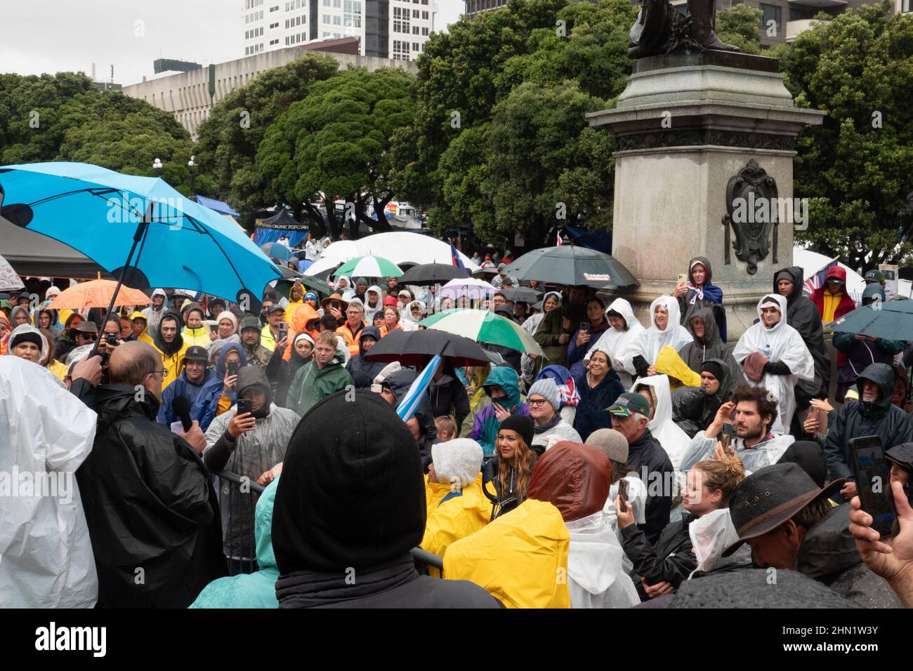 Covid vaccine mandate protest outside parliament in Wellington, New Zealand, February 13, 2022 Stock Photo