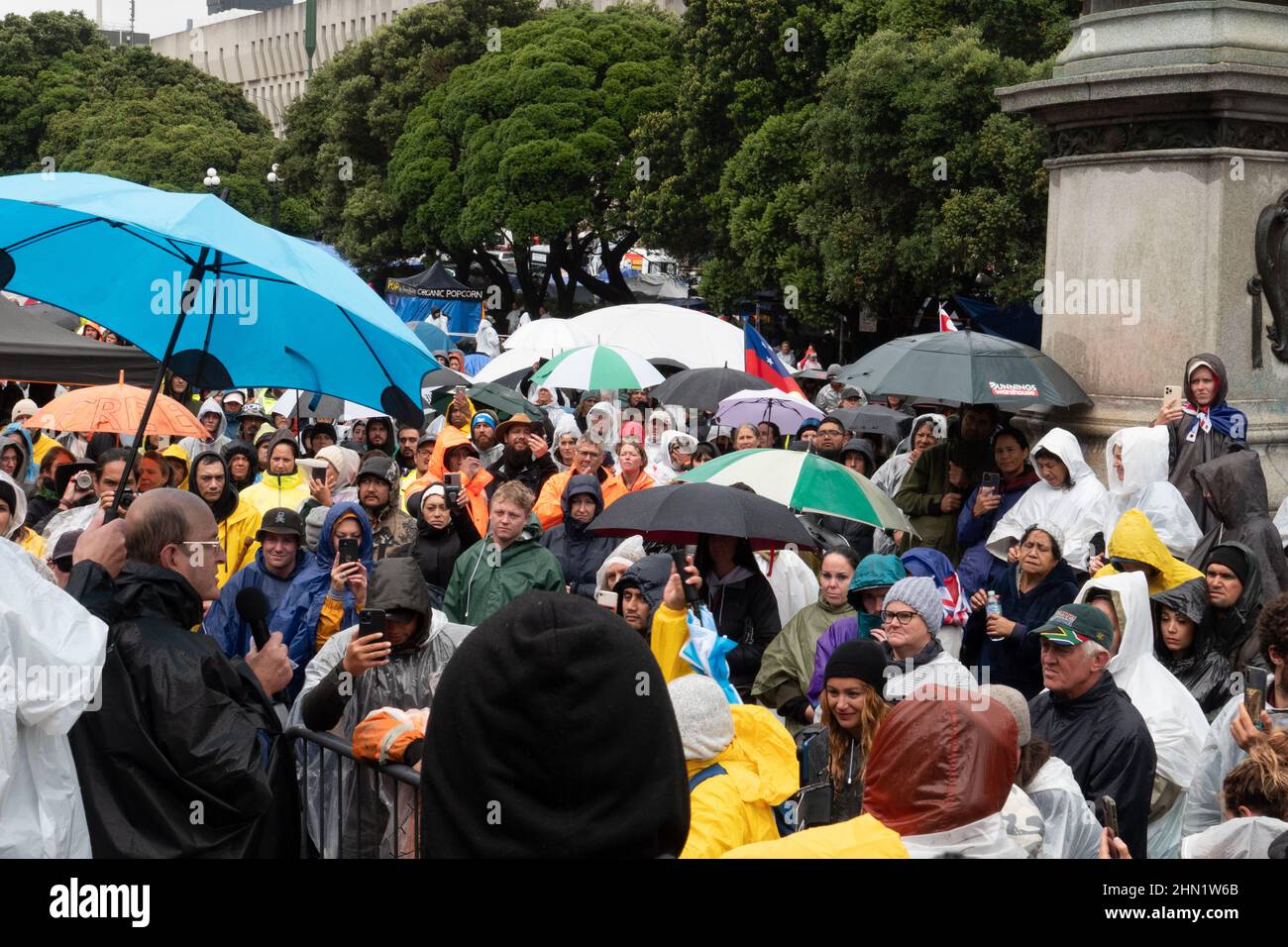 Covid vaccine mandate protest outside parliament in Wellington, New Zealand, February 13, 2022 Stock Photo