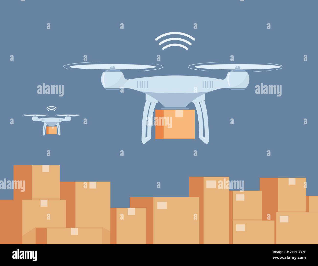 Drone working in modern warehouse. Robotics technology concept, fast delivery, artificial intelligence. Vector illustration Stock Vector