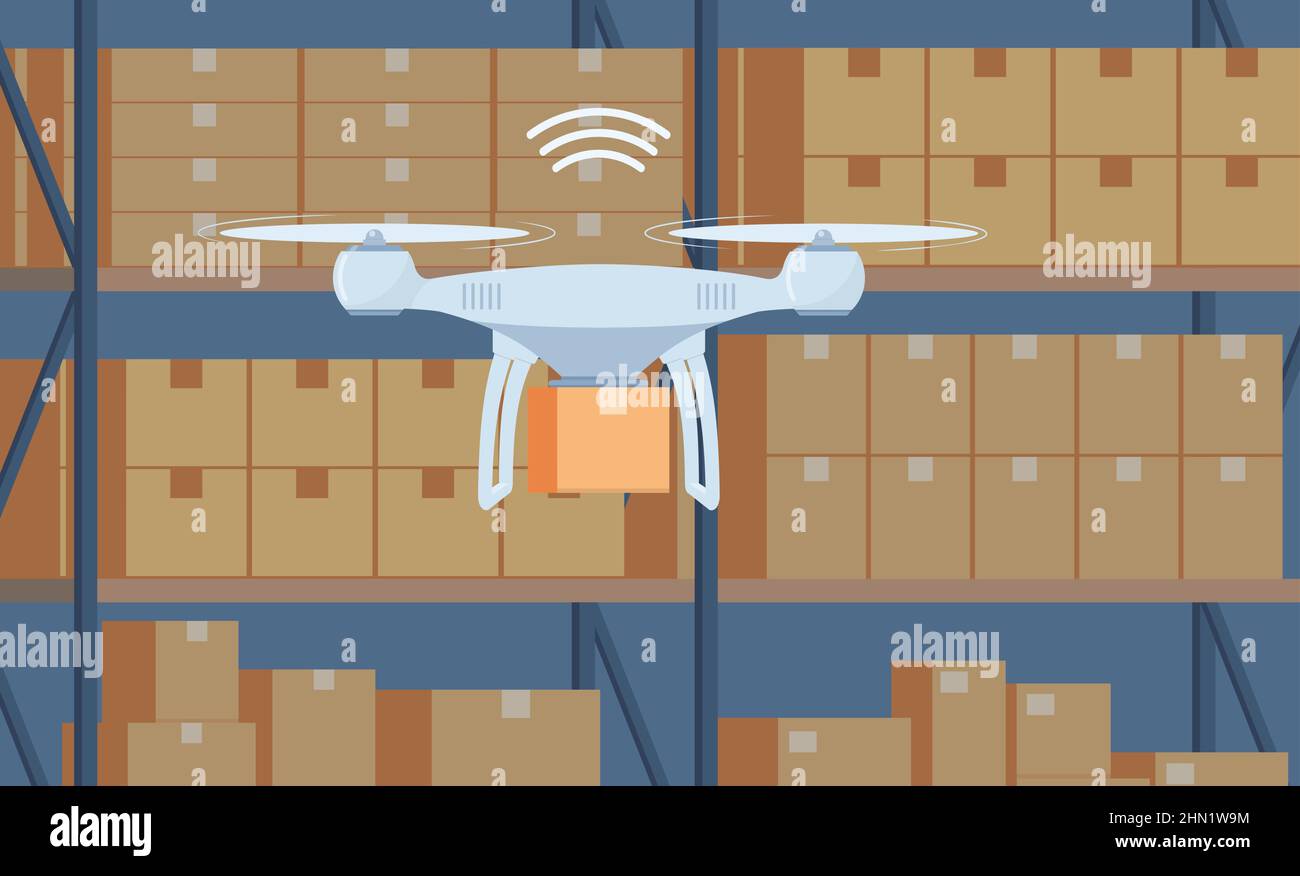 Drone working in modern warehouse. Robotics technology concept, fast delivery, artificial intelligence. Vector illustration Stock Vector