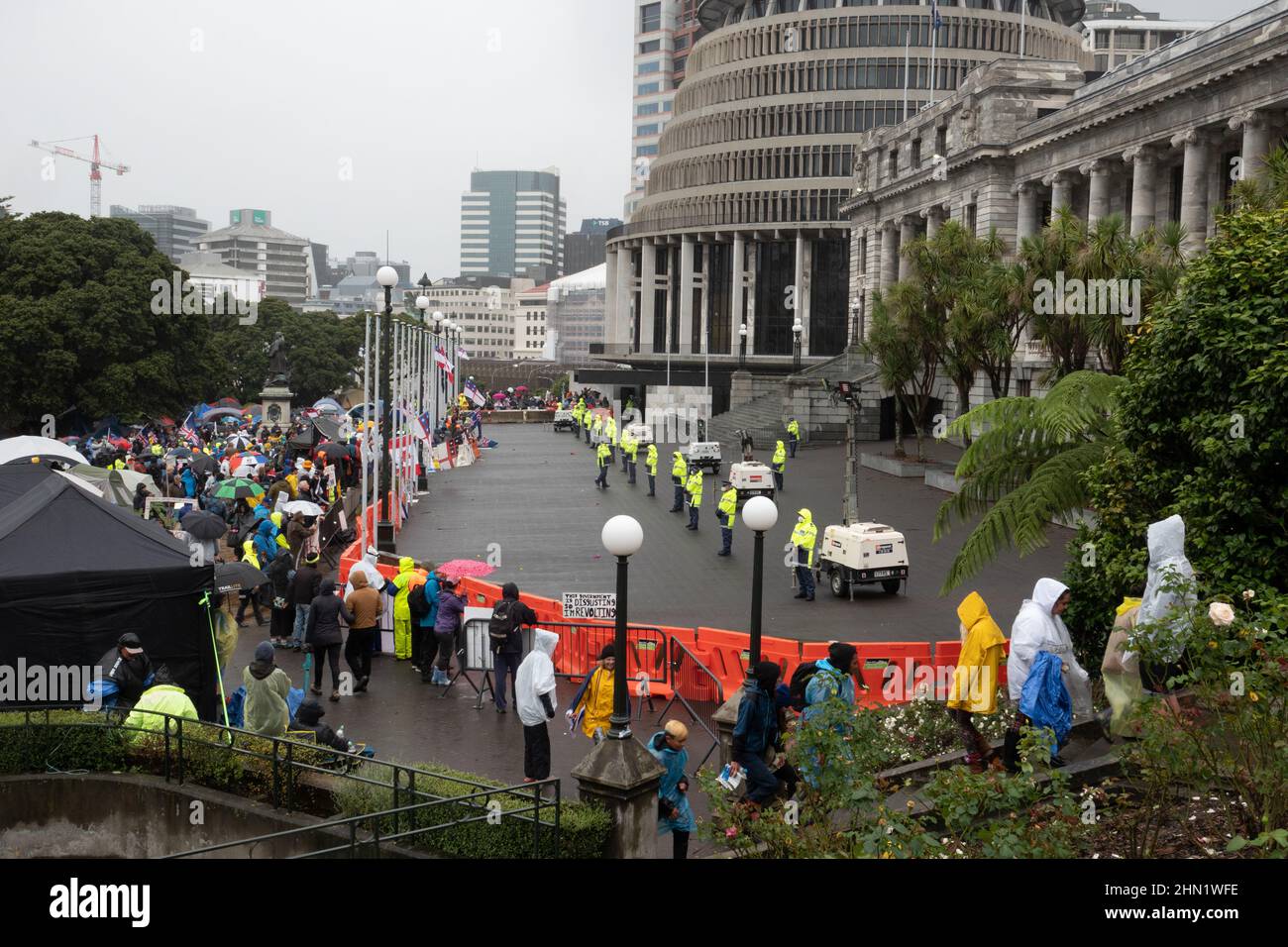 Covid vaccine mandate protest outside parliament in Wellington, New Zealand, February 13, 2022 Stock Photo