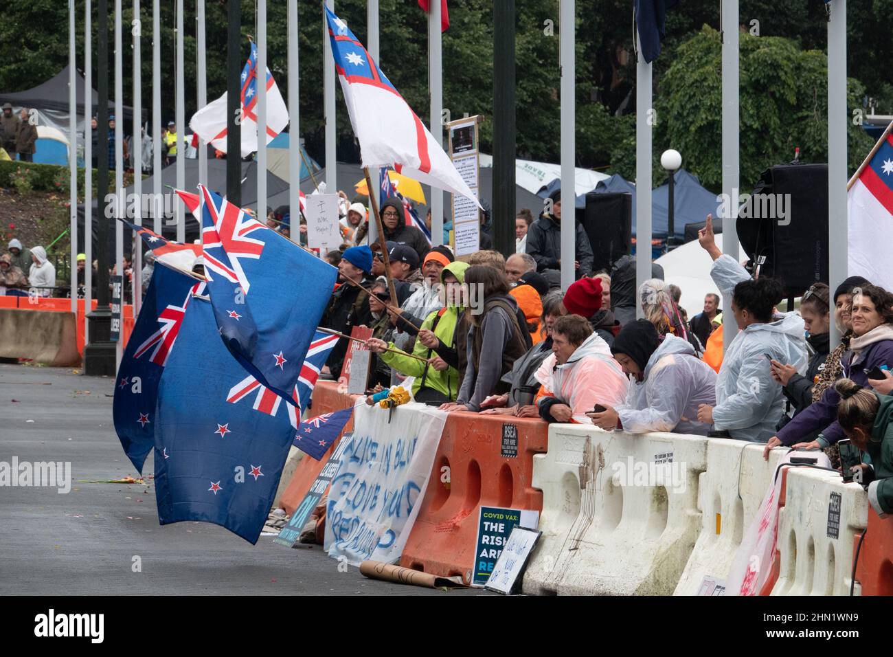 Covid vaccine mandate protest outside parliament in Wellington, New Zealand, February 13, 2022 Stock Photo