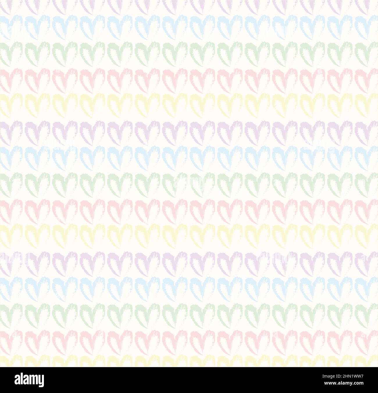 Seamless pattern of hand drawn simple hearts in pastel rainbow colors on beige and neutral background Stock Photo