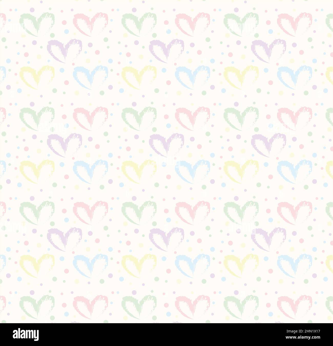 Seamless pattern of hand drawn simple hearts in pastel rainbow colors on beige and neutral background with colored dots Stock Photo