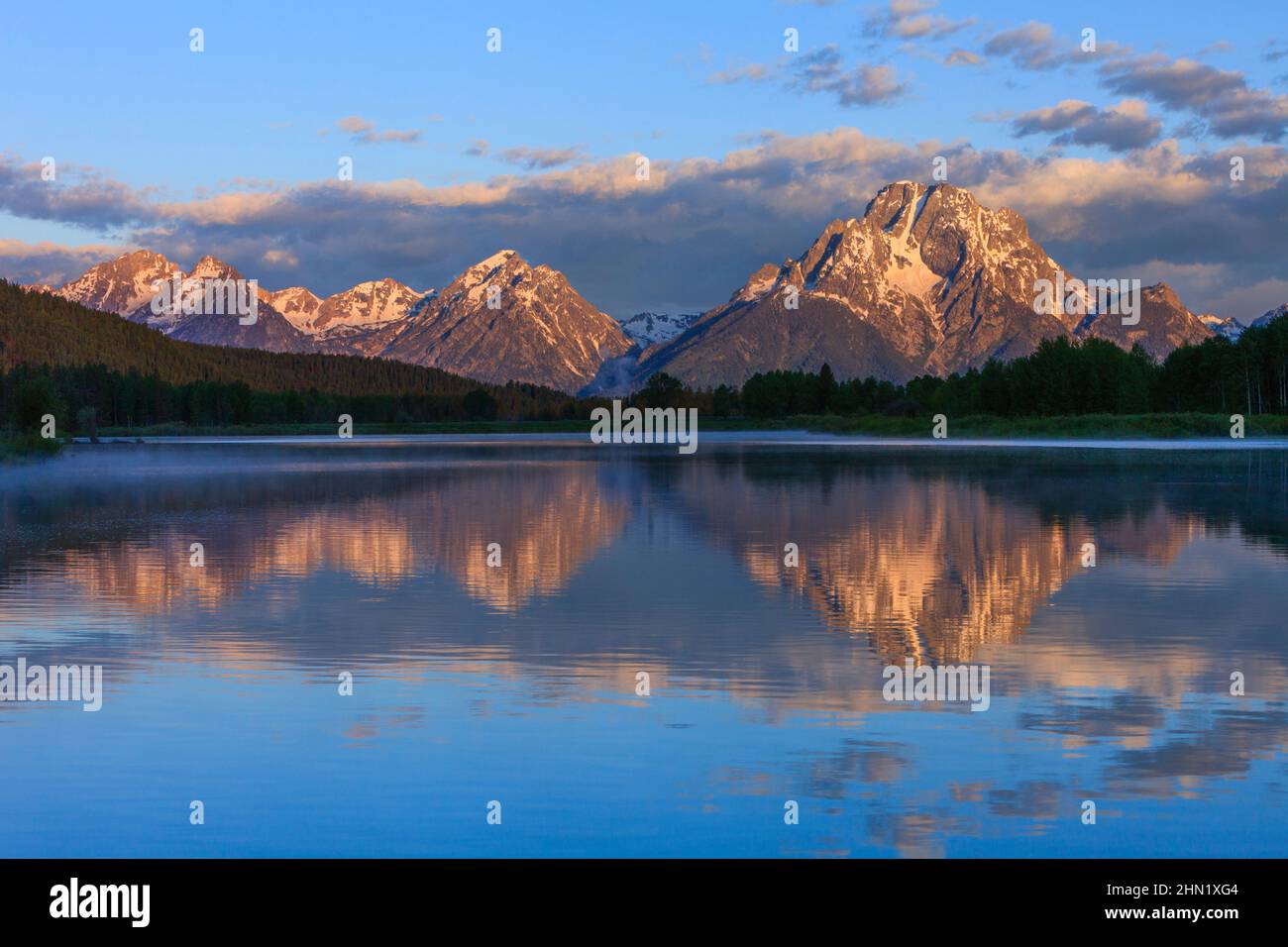 Oxbow Bend with Mt. Moran in background, at sunrise, June, Grand Teton NP, Wyoming, USA Stock Photo