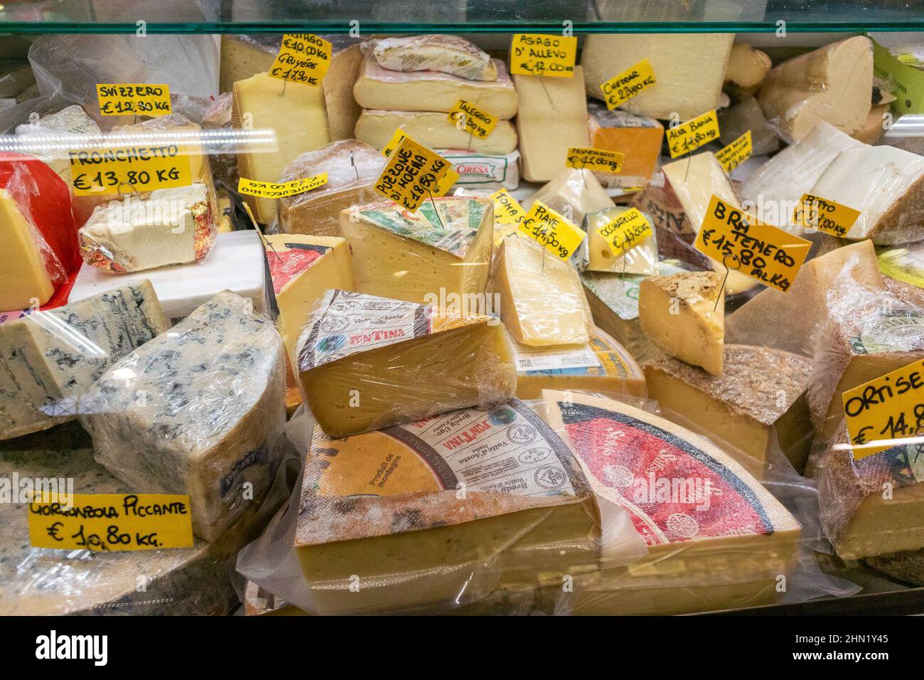 Florence, Italy, Display, Italian Cheeses, Italian Public food Market 'Mercato Centrale' Food Stores inside Stock Photo