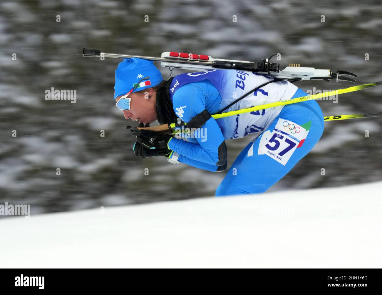 Zhangjiakou, Chinas Hebei Province. 13th Feb, 2022. Samuela Comola of Italy competes during biathlon womens 10km pursuit at National Biathlon Centre in Zhangjiakou, north Chinas Hebei Province, Feb