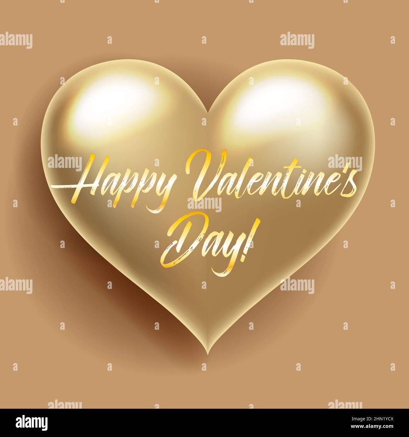 Happy Valentines Day card. Gold glossy 3D heart shape isolated symbol of love, an element for decorating holidays, wedding invitations, and greetings Stock Vector