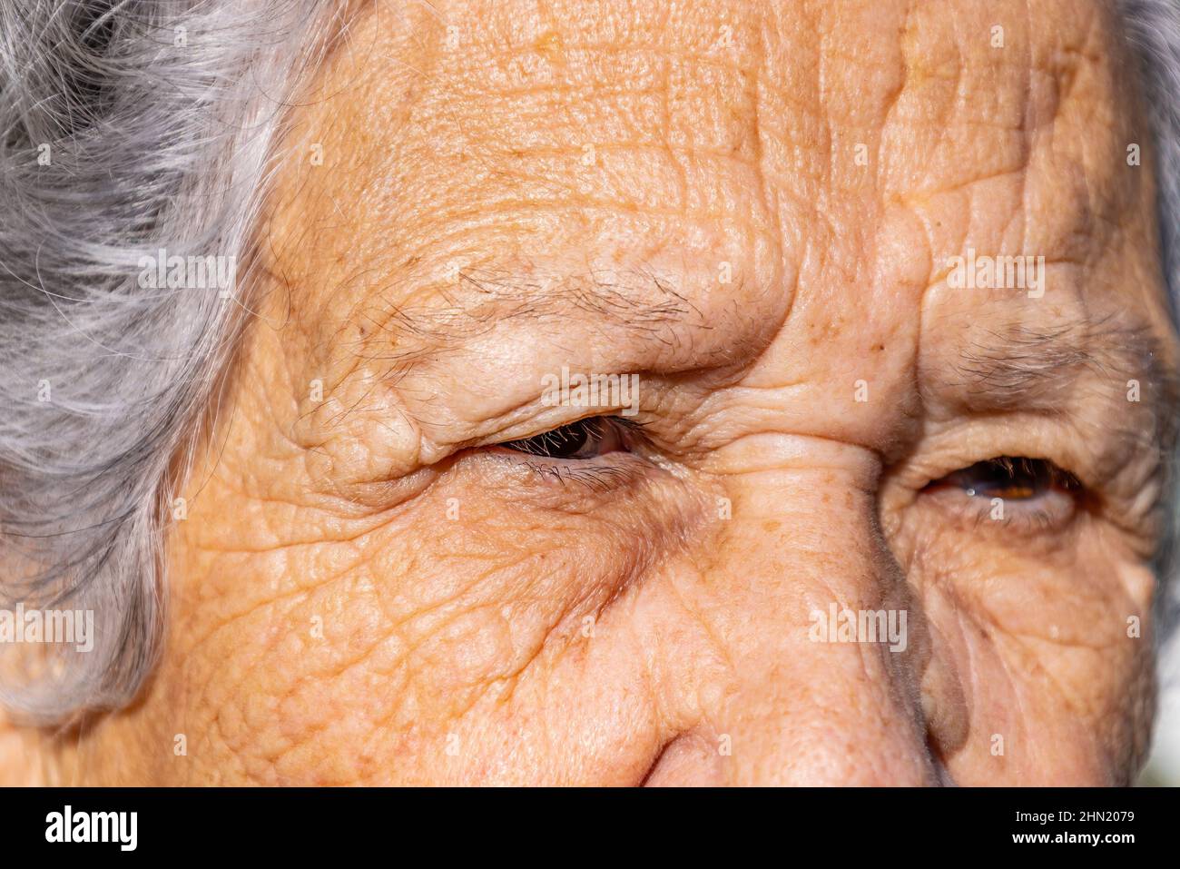 Close up view of an elderly woman in her 80s. Population aging problem concept Stock Photo