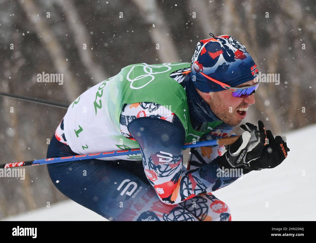 Zhangjiakou, China's Hebei Province. 13th Feb, 2022. Paal Golberg of Norway competes during the cross-country skiing men's 4x10 km relay of the Beijing Winter Olympics at National Cross-Country Skiing Centre in Zhangjiakou, north China's Hebei Province, Feb. 13, 2022. Credit: Deng Hua/Xinhua/Alamy Live News Stock Photo