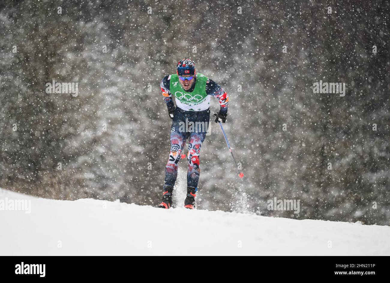 Zhangjiakou, China's Hebei Province. 13th Feb, 2022. Paal Golberg of Norway competes during the cross-country skiing men's 4x10 km relay of the Beijing Winter Olympics at National Cross-Country Skiing Centre in Zhangjiakou, north China's Hebei Province, Feb. 13, 2022. Credit: Deng Hua/Xinhua/Alamy Live News Stock Photo