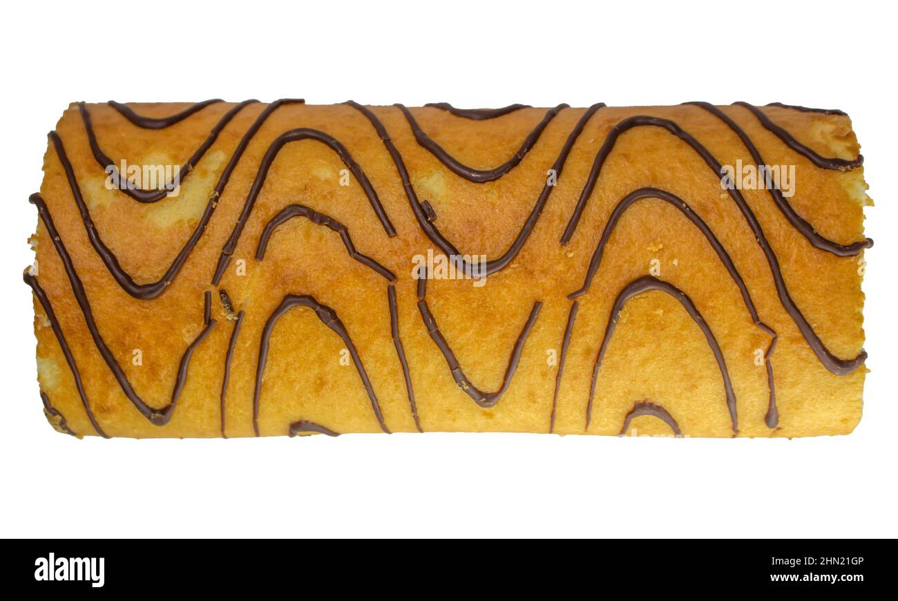 Swiss roll cake, top view of roll cake with chocolate pattern isolated