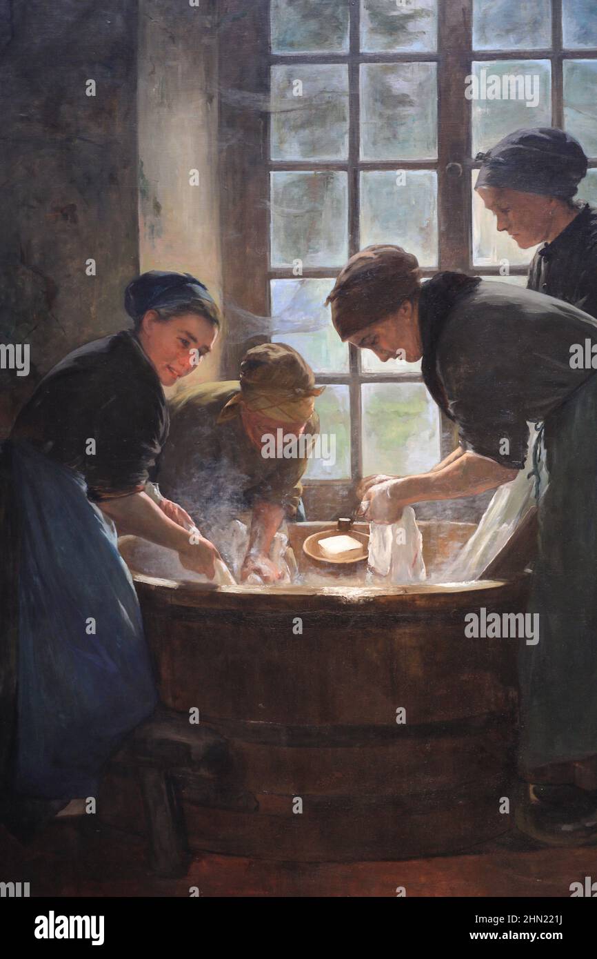 Oil painting In the Wash-House,1888, by American female artist Anna Elizabeth Klumpke display in Pennsylvania Academy of the Fine Art. Philadelphia. Pennsylvania.USA Stock Photo