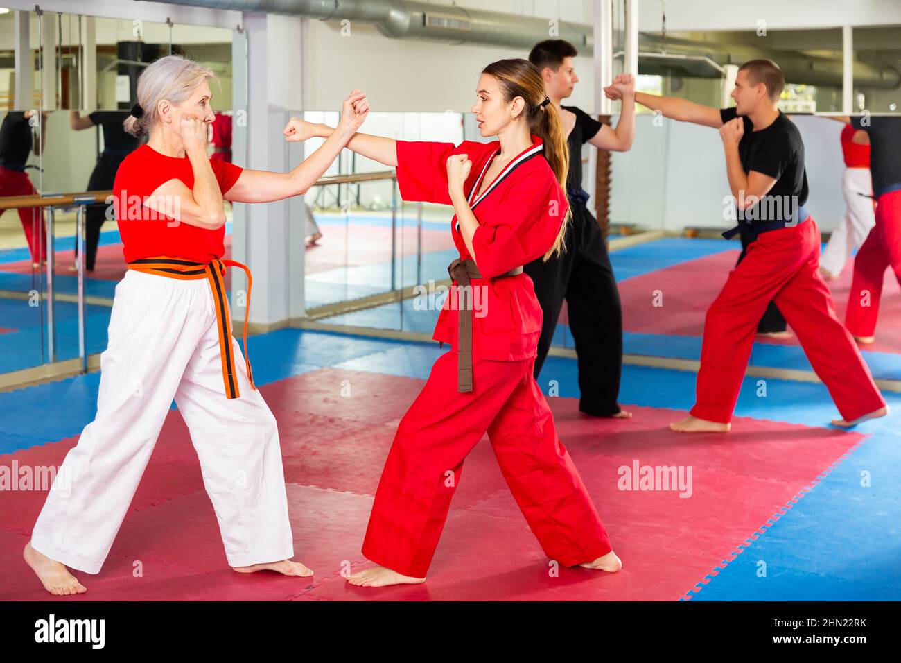 Two women sparring during karate training in gym Stock Photo Alamy