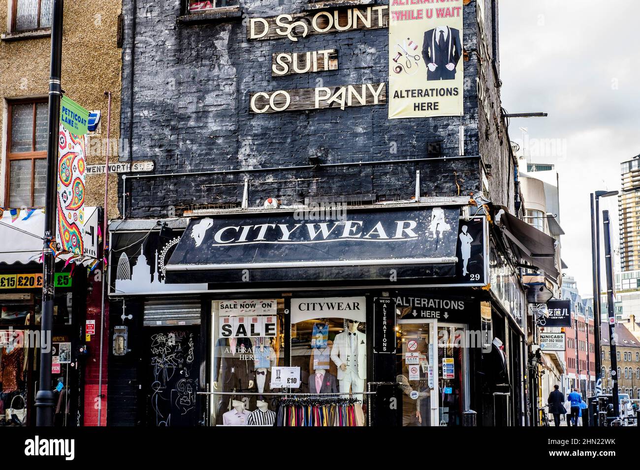 Citywear discount suit company, Wentworth Street, East London, UK Stock