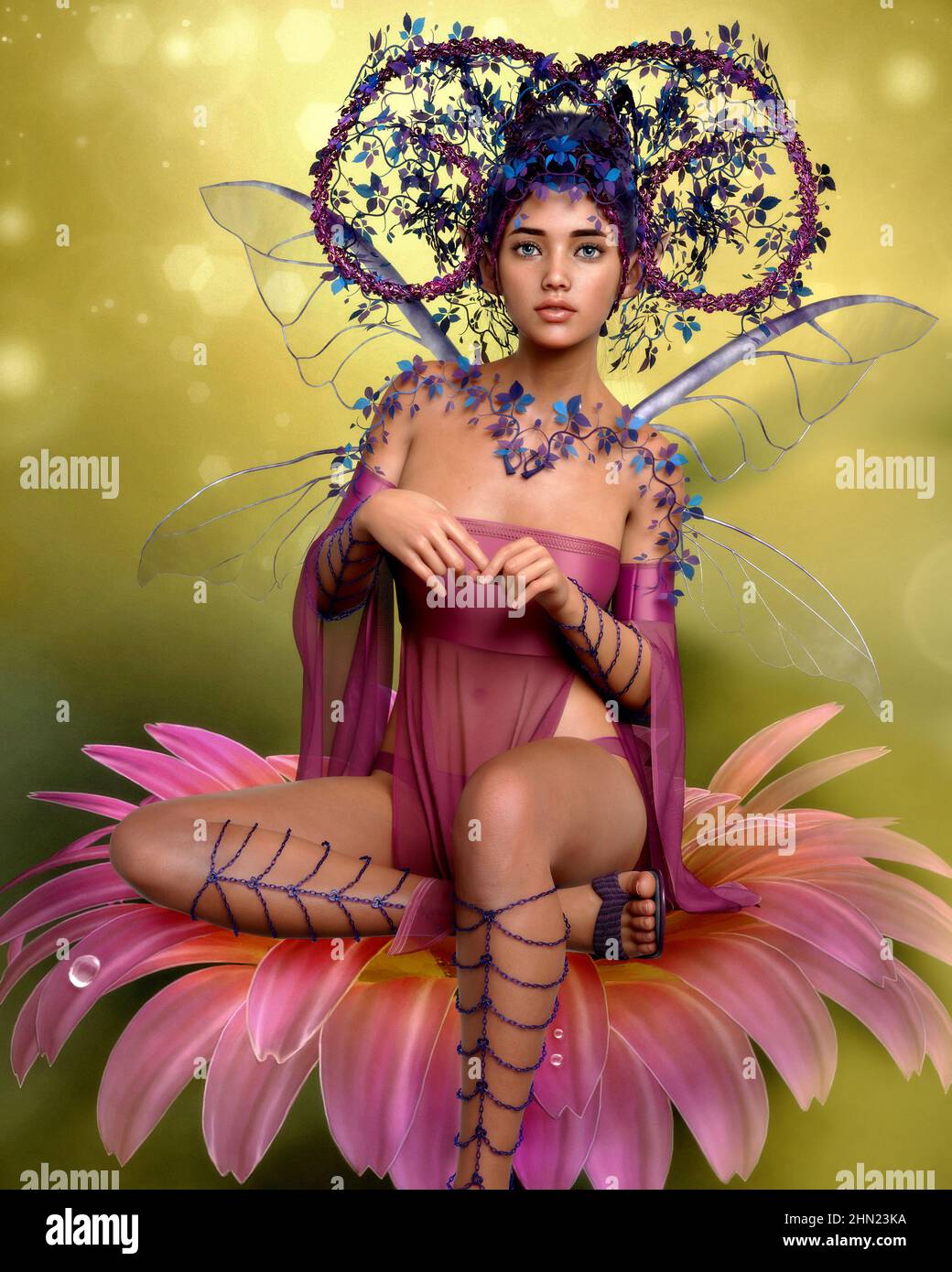 3d computer graphics of a fairy with fantasy headdress and wings Stock Photo