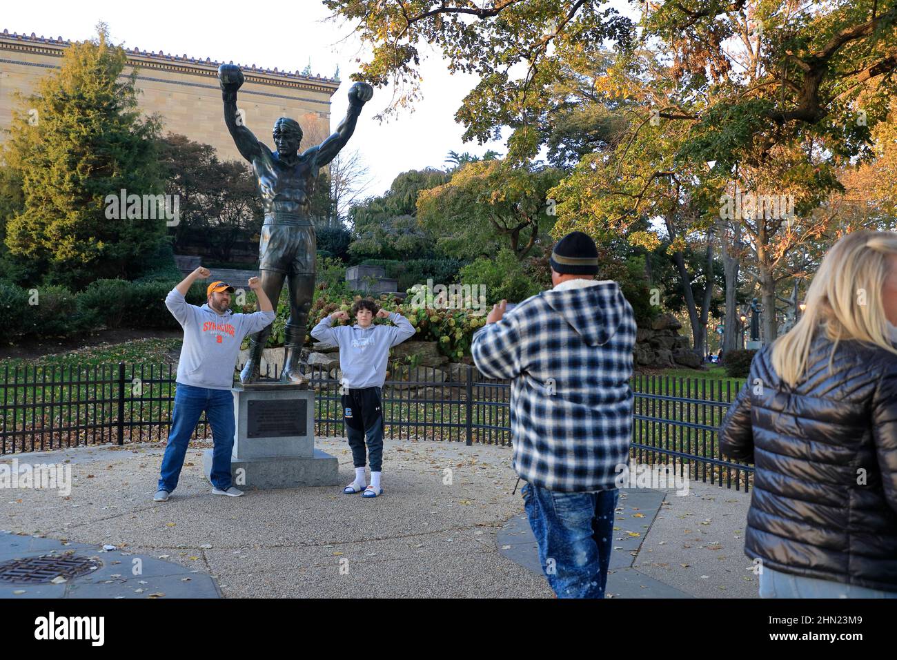 Tourists having photos taken in front of the Rocky Statue at Philadelphia Museum of Art.Philadelphia.Pennsylvania.USA Stock Photo