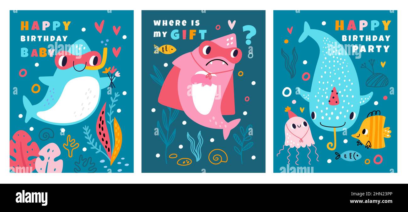 Cute shark birthday party greeting cards. Funny ocean creatures. Cartoon comic marine fish characters with holiday accessories. Aquatic underwater Stock Vector Image & Art - Alamy Cute shark birthday party greeting cards. Funny ocean creatures. Cartoon comic marine fish characters with holiday accessories. Aquatic underwater Stock Vector Image & Art - Alamy