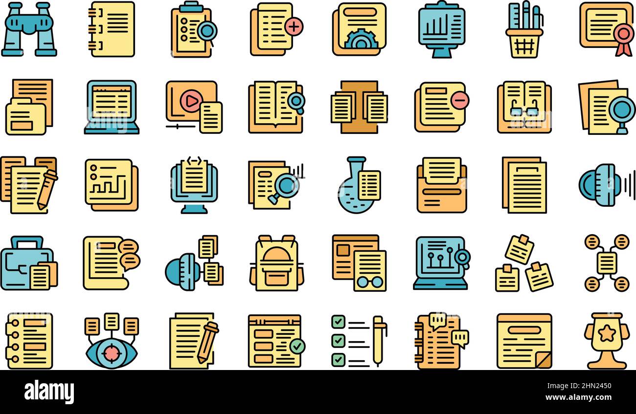 Case study icons set outline vector. Proposal platthin line color flat on white Stock Vector