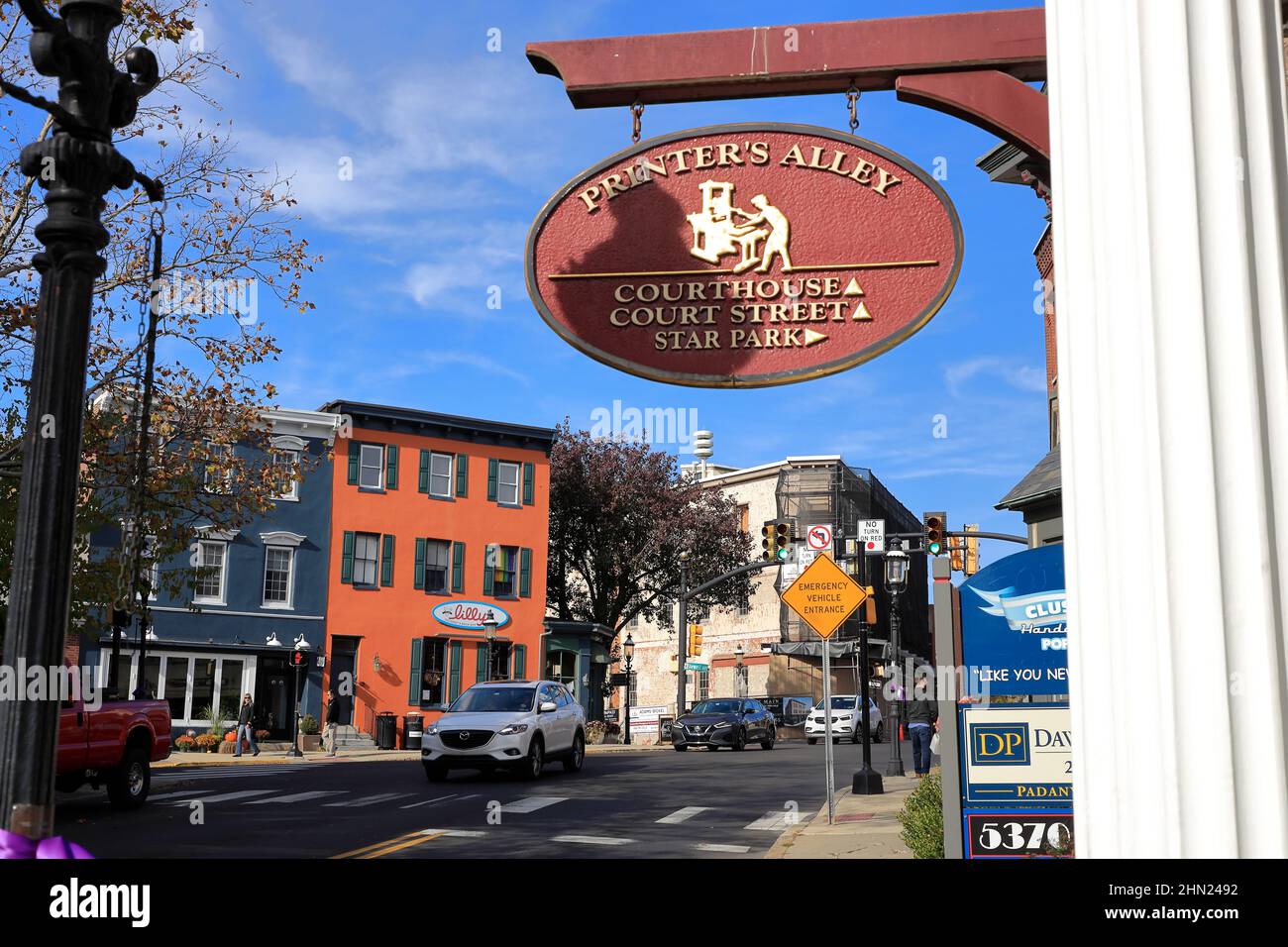 The sign of Printer's Alley in Historic District in Doylestown