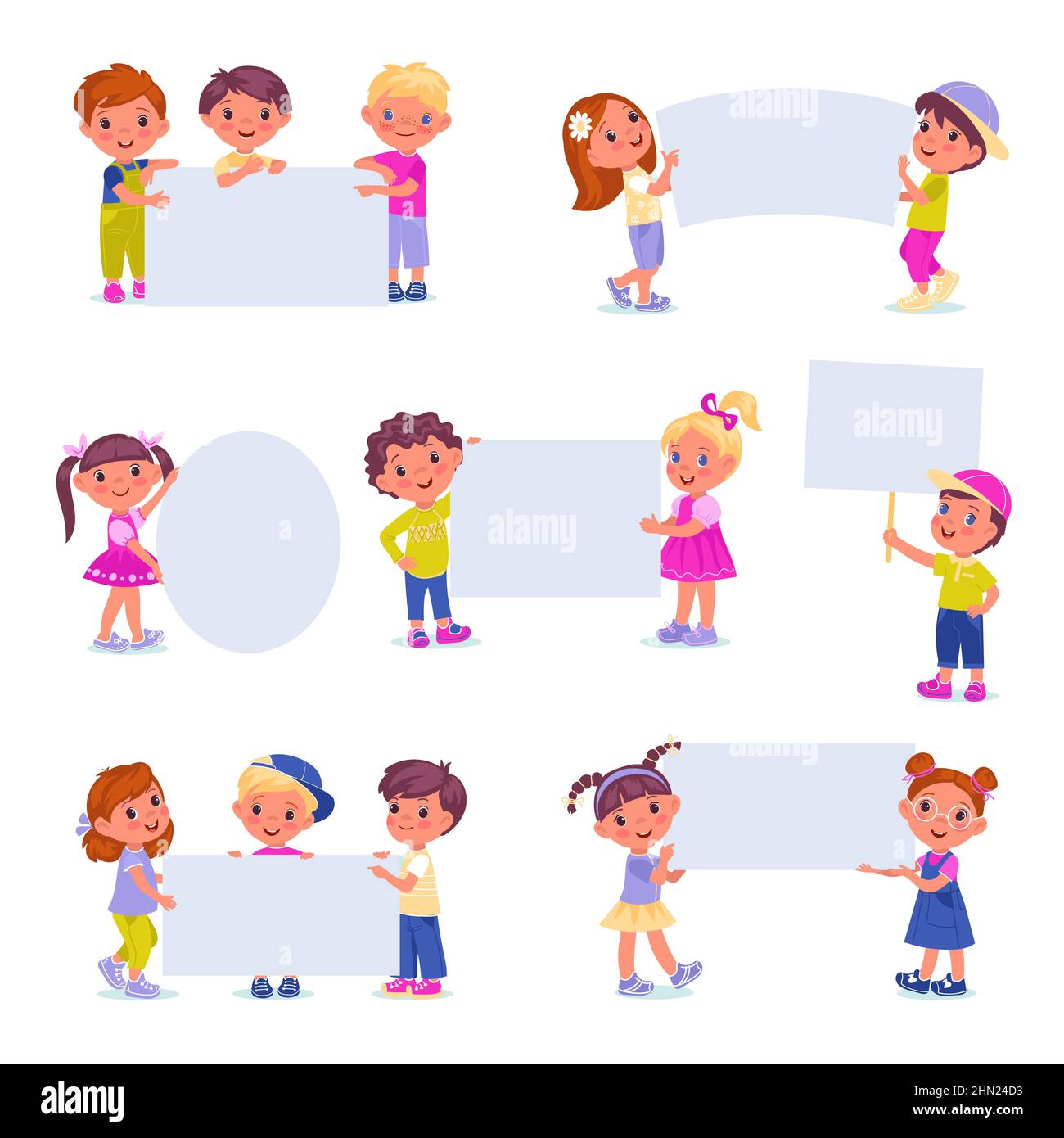 Kids holding banners. Funny girls and boys with blank posters different shapes, cute children with big paper sheets, white advertising placards with Stock Vector