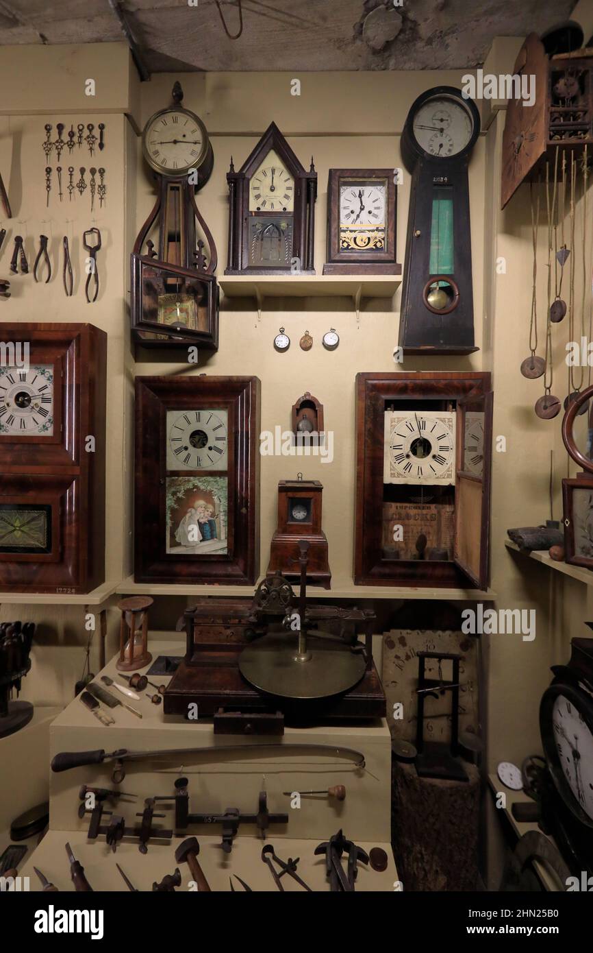 Antique clocks and clock making tools display in Mercer Museum