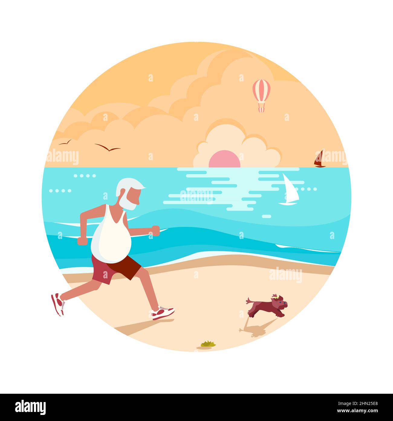 Elderly man jogging with his dog against background of sea sunset Stock Vector