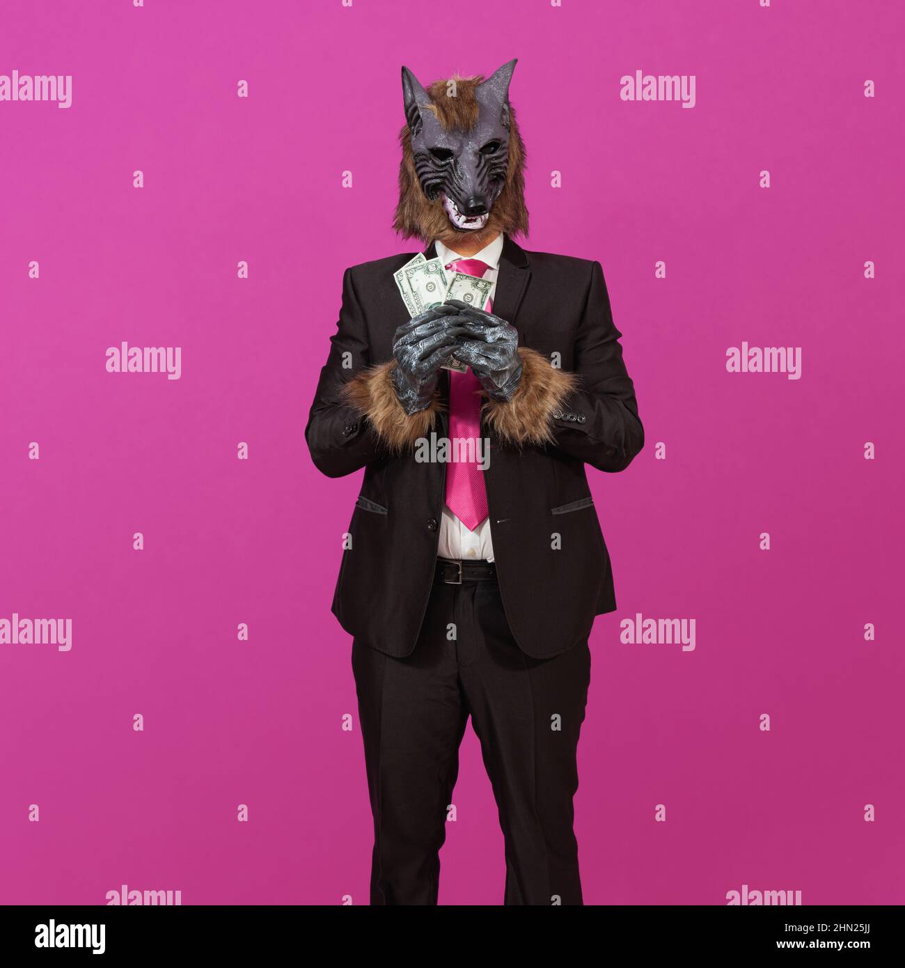 Against A Pink Background Is A Man Dressed In A Black Suit With Jacket, A  White Shirt And Tie, Wearing A Werewolf Mask, Holding Three 50 Us Dollar  Bil Stock Photo - Alamy