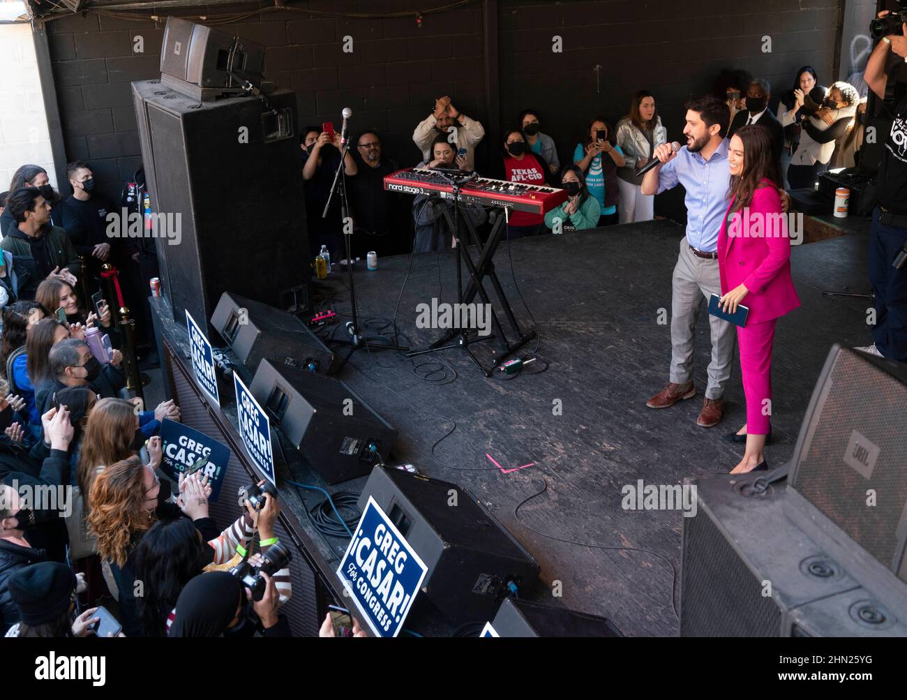 Austin, Texas USA, 13th Feb, 2022. U.S. Representative ALEXANDRIA OCASIO-CORTEZ (AOC), (D-New York) makes appearance at campaign rally for candidate Greg Casar, a progressive running in the Democratic primary for Texas Congressional District 35 in central Texas. Credit: Bob Daemmrich/Alamy Live News Stock Photo
