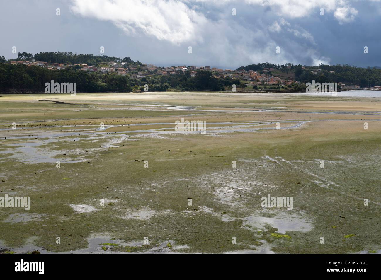 View of the Ría de Pontevedra estuary at low tide along the Spiritual Variant of the Camino Portuguese in Poio, Spain. This route of the Camino de San Stock Photo