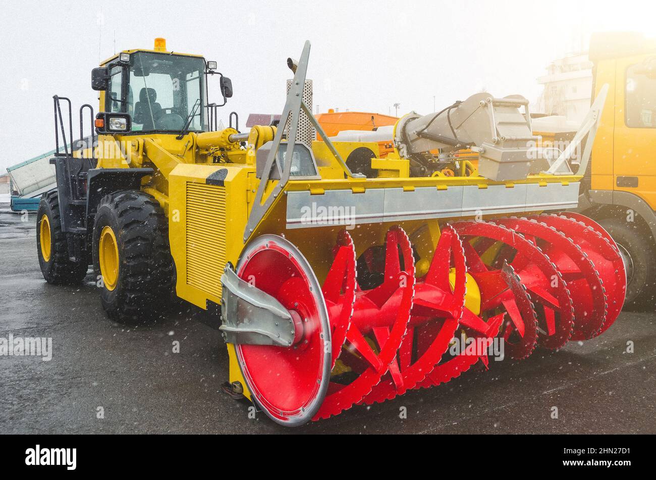 Snow-removing machine, parking in the airport in winter Stock Photo