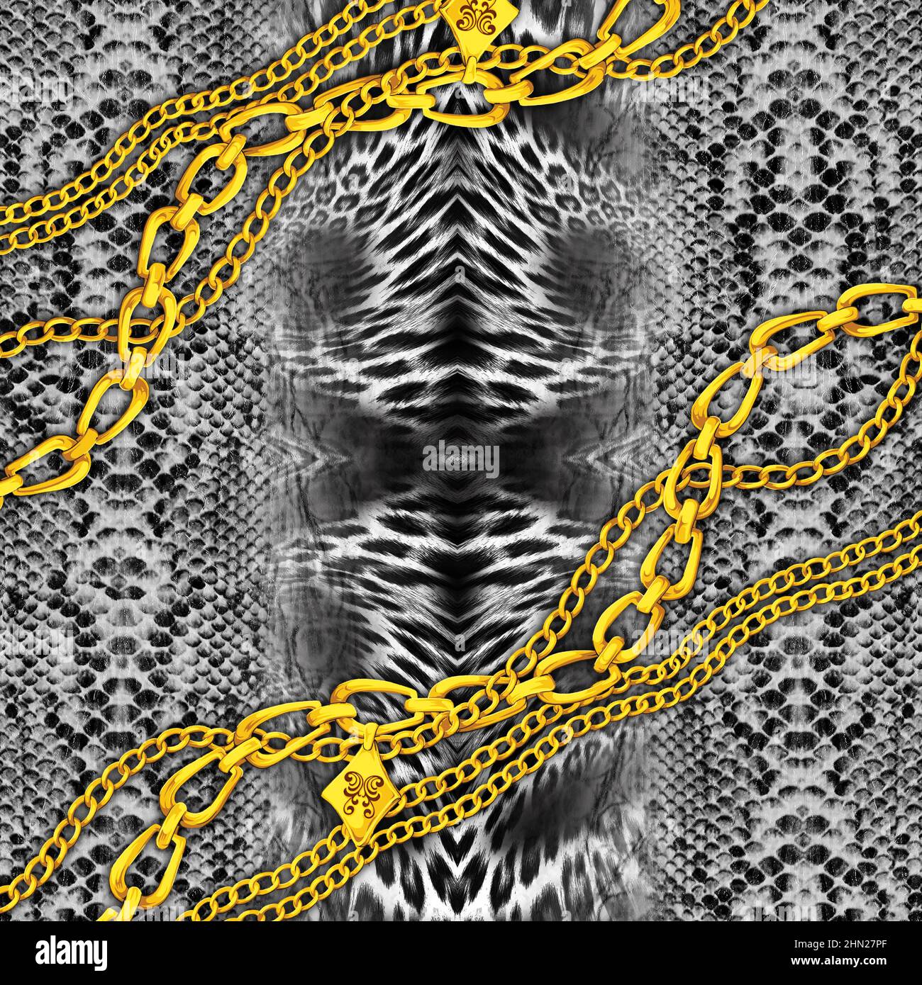 Golden Chains on Mixed Animal Skin Background Ready for Textile Prints. Stock Photo