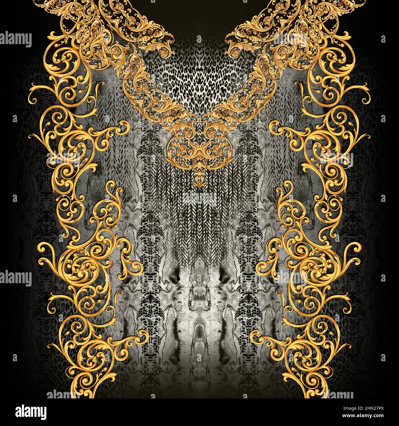 Golden Baroque with Leopard Skin on Khaki Background Ready for Textile Prints. Stock Photo