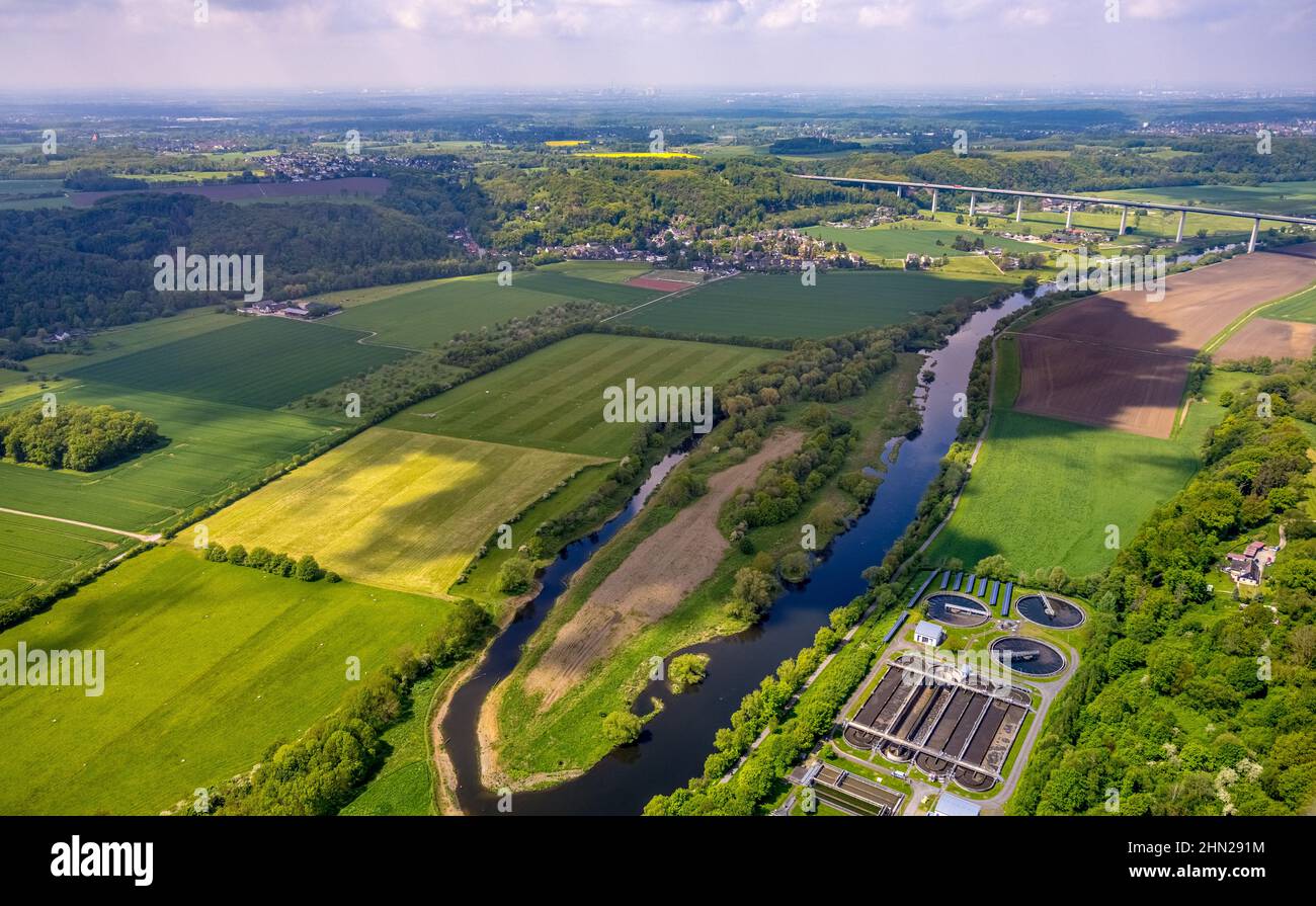Aerial view, Untere Kettwiger Ruhraue, Ruhr River, Mintarder Ruhrtalbrücke, Saarn, Mülheim an der Ruhr, Ruhr Area, North Rhine-Westphalia, Germany, A5 Stock Photo