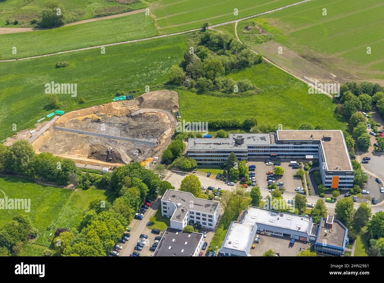 Aerial photograph, construction site and construction of a filter plant at Aubergweg, Remscheider Straße industrial estate, Saarn, Mülheim an der Ruhr Stock Photo