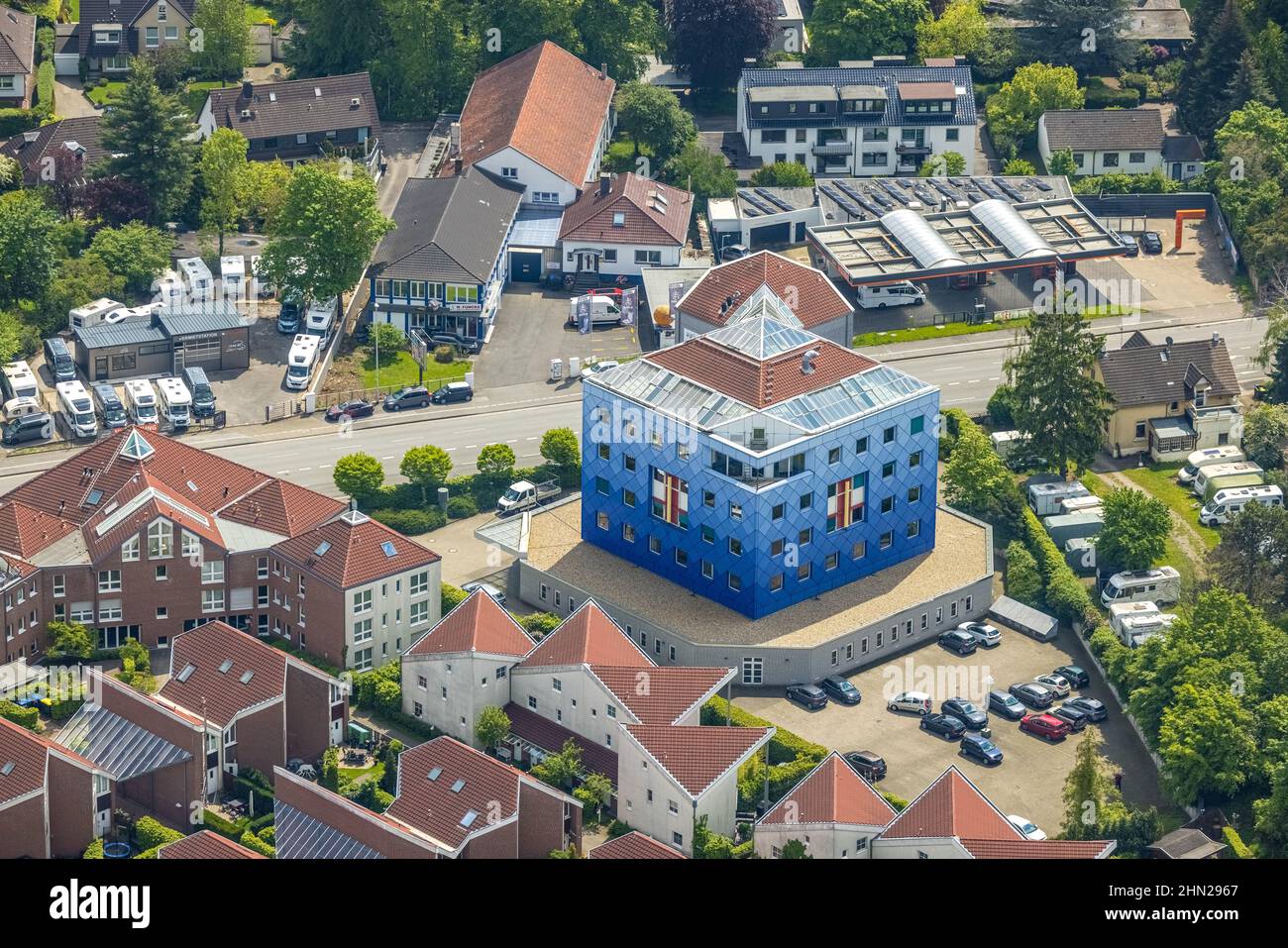 Aerial view, Blue Building Clinic for Dentistry, Kölner Straße 80, Saarn, Mülheim an der Ruhr, Ruhr Area, North Rhine-Westphalia, Germany, DE, Europe, Stock Photo
