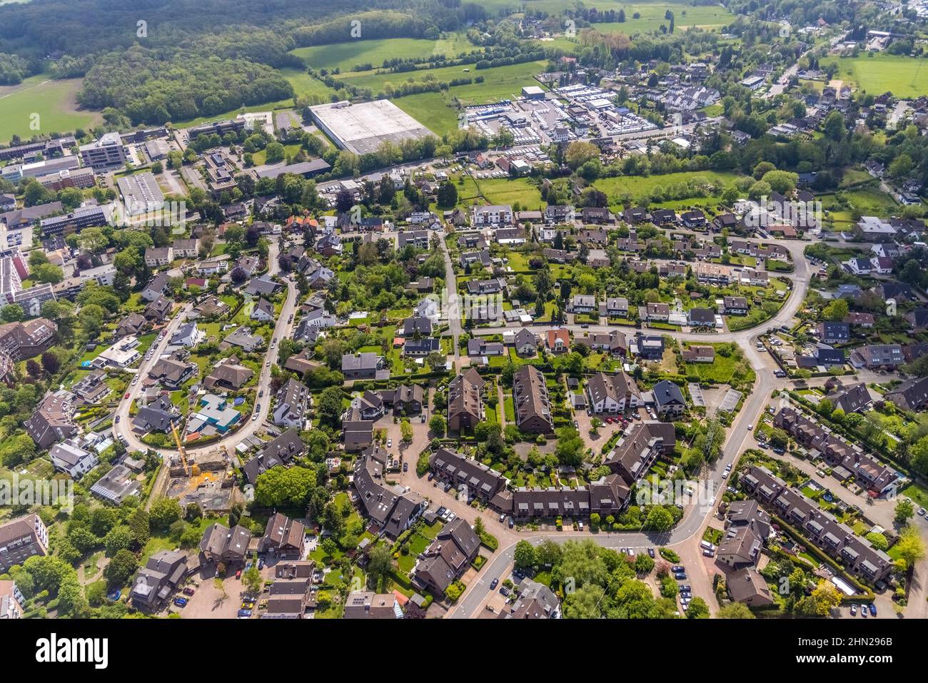 Aerial view, residential area Rotdornbogen and Wacholderring, Bobcarts Parts Servive company building, Saarn, Mülheim an der Ruhr, Ruhr area, North Rh Stock Photo