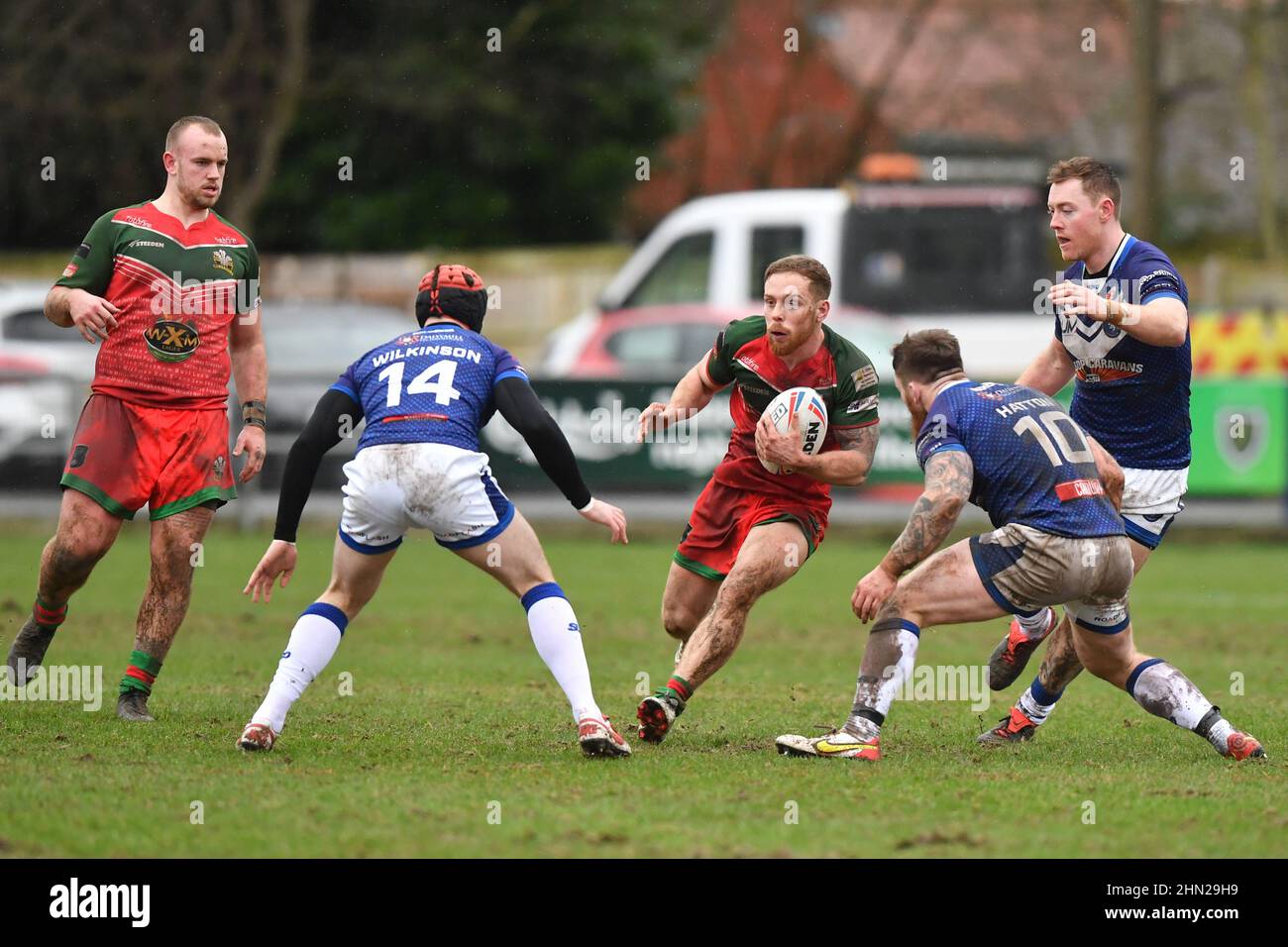 Sale, UK. 13th Feb, 2022. Pat Rainford of North Wales Crusaders in action during the game Credit: News Images /Alamy Live News Stock Photo