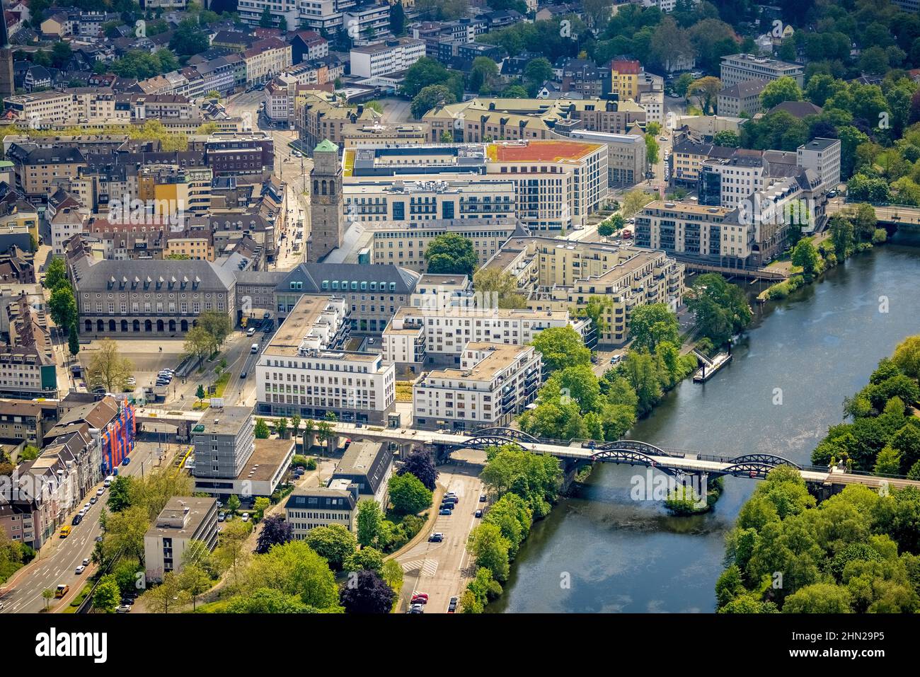 Aerial view, city hall, Ruhr promenade, city viaduct and Ruhr bridge on ...
