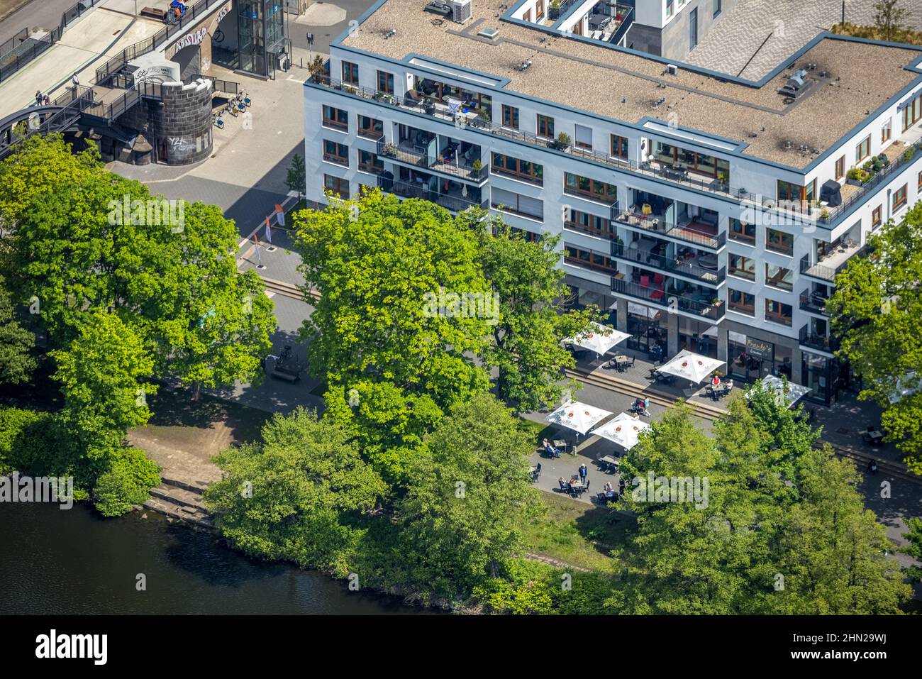 Aerial view, Ruhrpromenade Mülheim, outdoor gastronomy, Altstadt I, Mülheim an der Ruhr, Ruhr area, North Rhine-Westphalia, Germany, Altstadt, Corona Stock Photo
