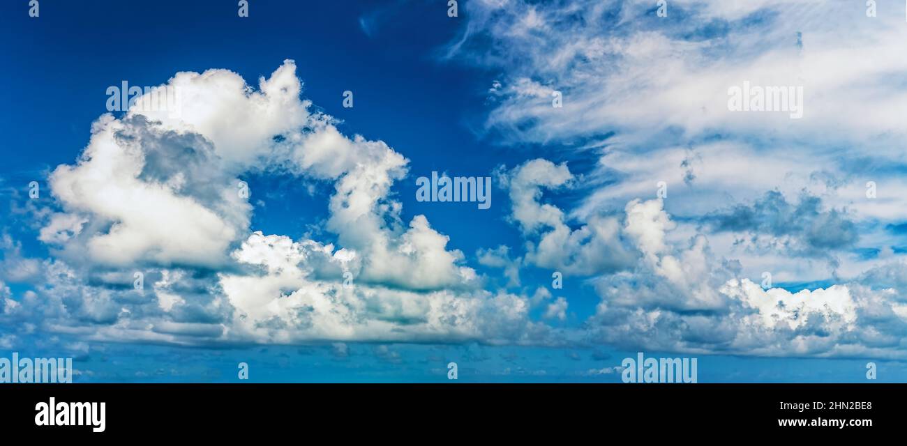 High resolution Panoramic background with blue day time sky and white clouds. Copy space. Stock Photo