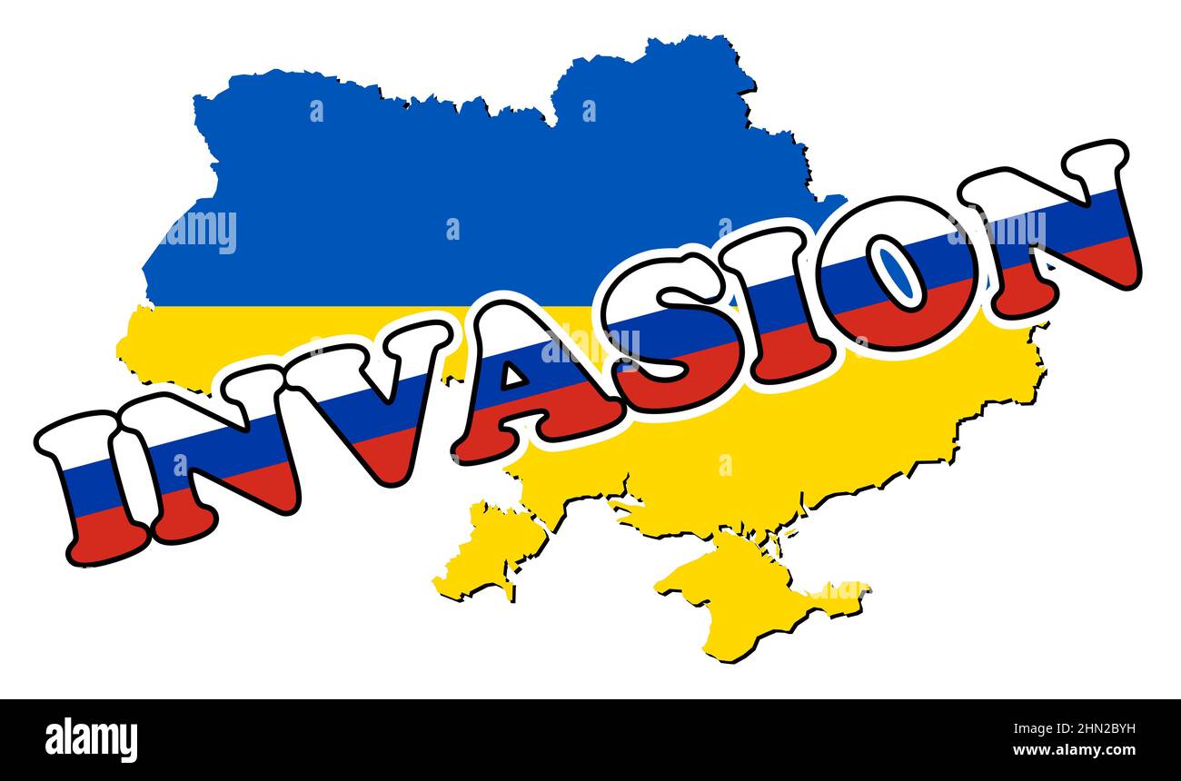 Vector illustration with map of Ukraine with an INVASION text with colours of Russian flag as a symbol of possible invading the country Stock Photo