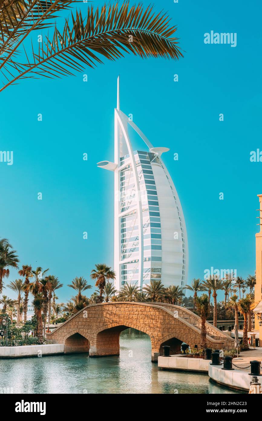 View of Hotel Burj Al Arab, Tower of the Arabs is luxury hotel located in city of Dubai, United Arab Emirates. Managed by Jumeirah hotel group Stock Photo